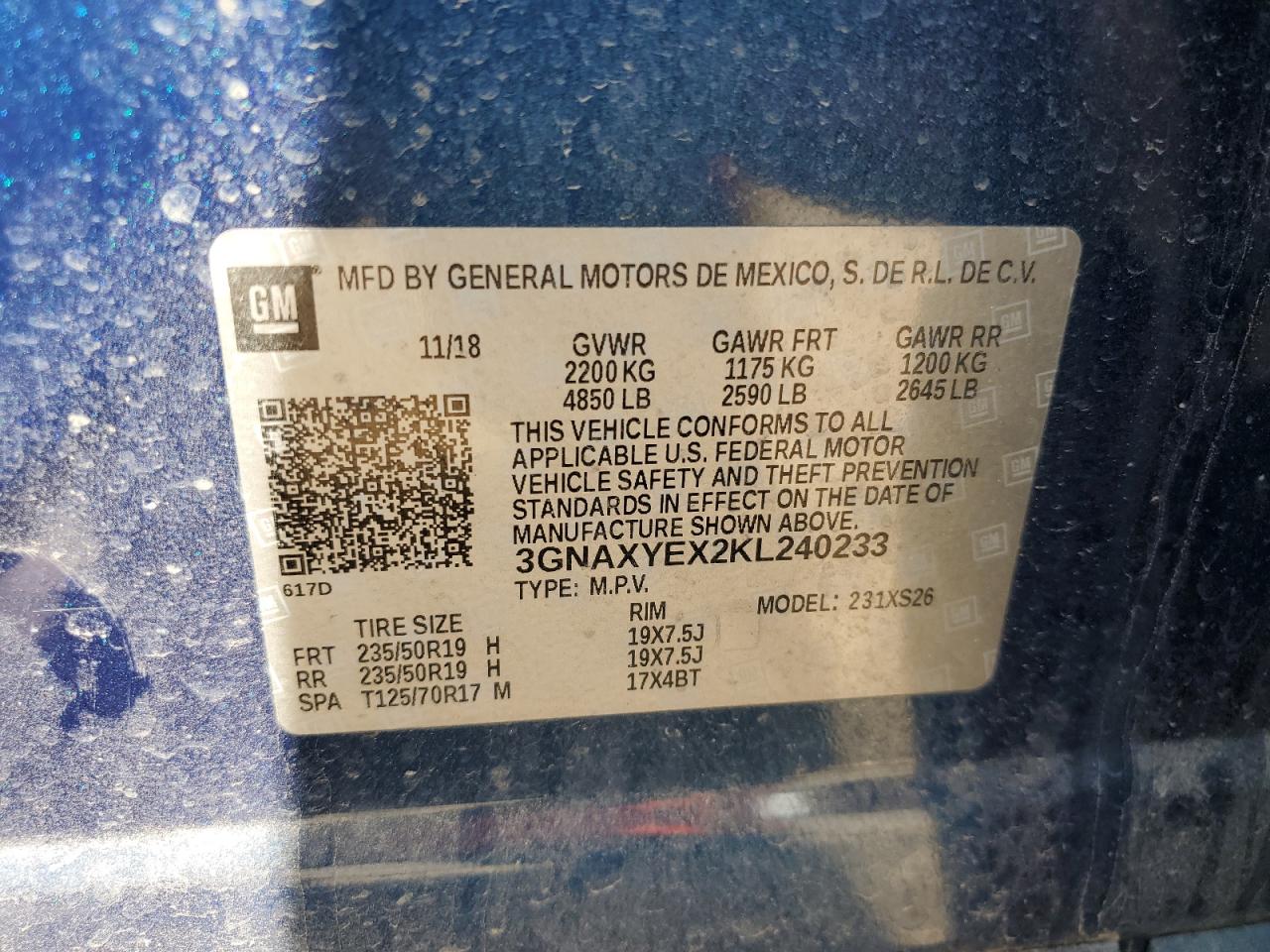 2019 Chevrolet Equinox Premier VIN: 3GNAXYEX2KL240233 Lot: 64399095