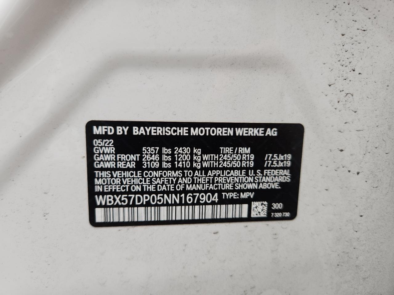 2022 BMW X3 xDrive30I VIN: WBX57DP05NN167904 Lot: 64031235