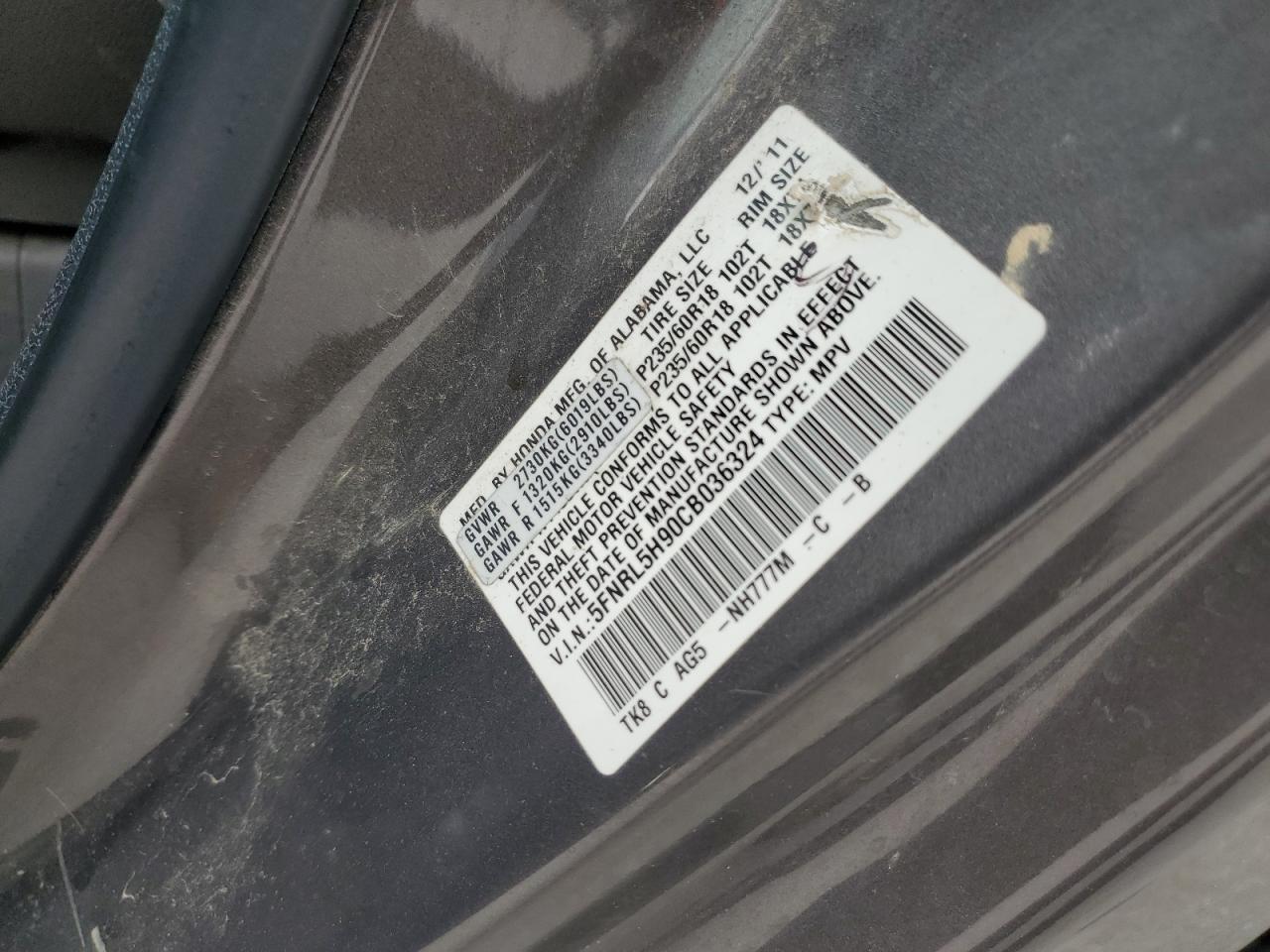 2012 Honda Odyssey Touring VIN: 5FNRL5H90CB036324 Lot: 65027895