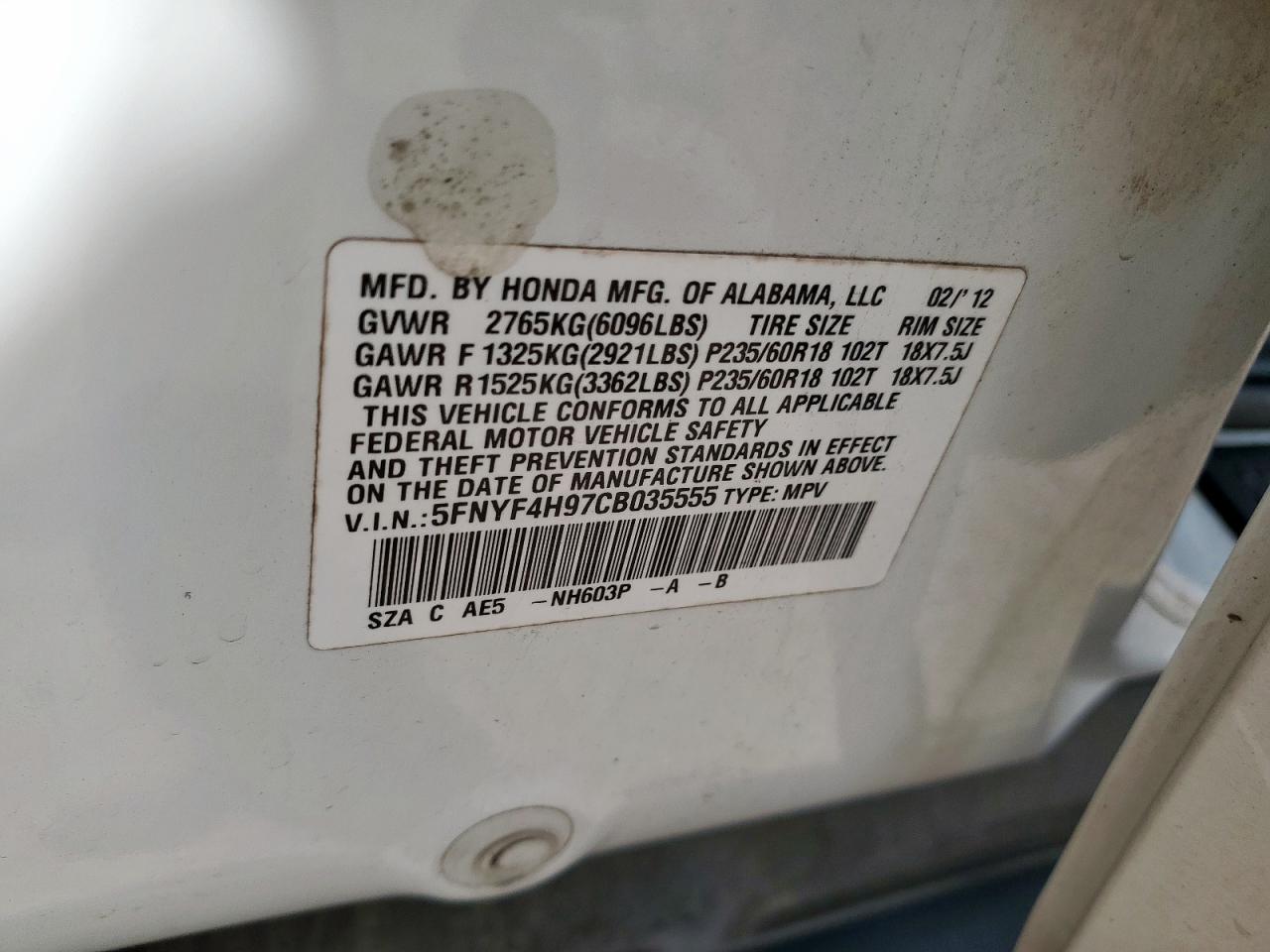 2012 Honda Pilot Touring VIN: 5FNYF4H97CB035555 Lot: 65152245