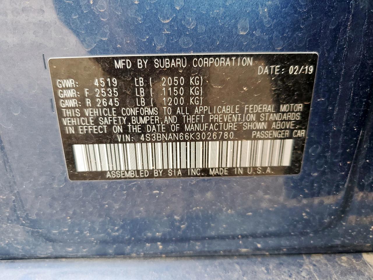 2019 Subaru Legacy 2.5I Limited VIN: 4S3BNAN66K3026780 Lot: 66350395