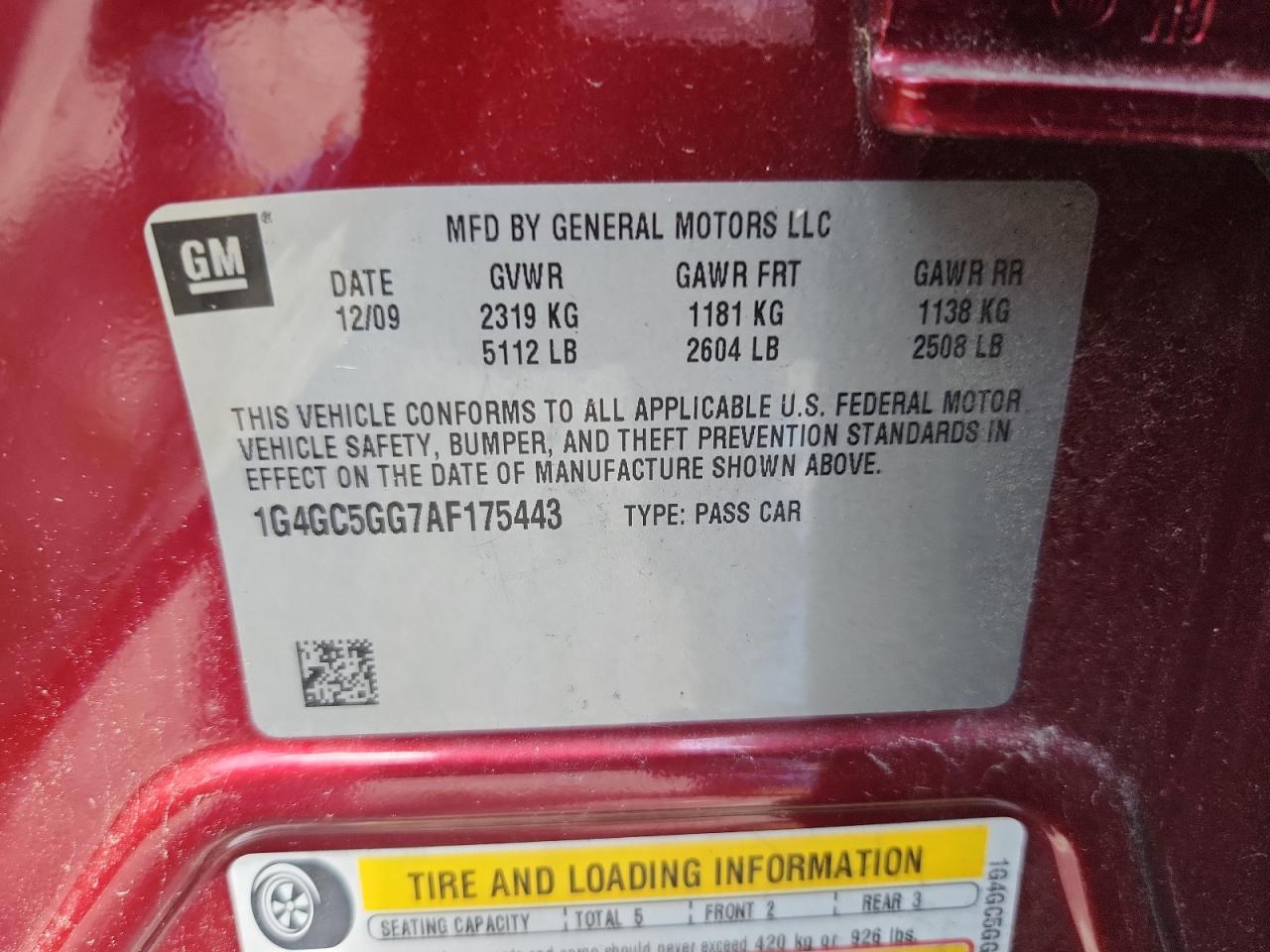 2010 Buick Lacrosse Cxl VIN: 1G4GC5GG7AF175443 Lot: 64800115