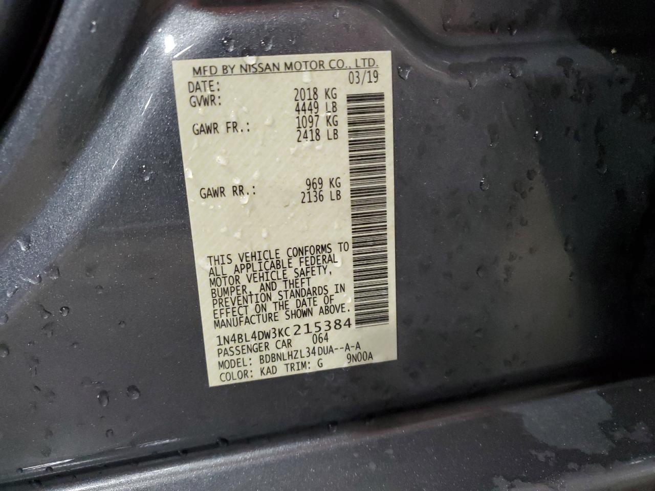 2019 Nissan Altima Sv VIN: 1N4BL4DW3KC215384 Lot: 65651365