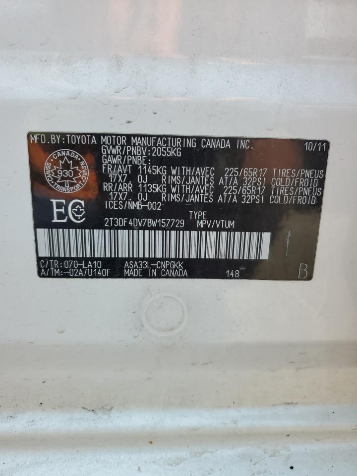 2011 Toyota Rav4 Limited VIN: 2T3DF4DV7BW157729 Lot: 64457525