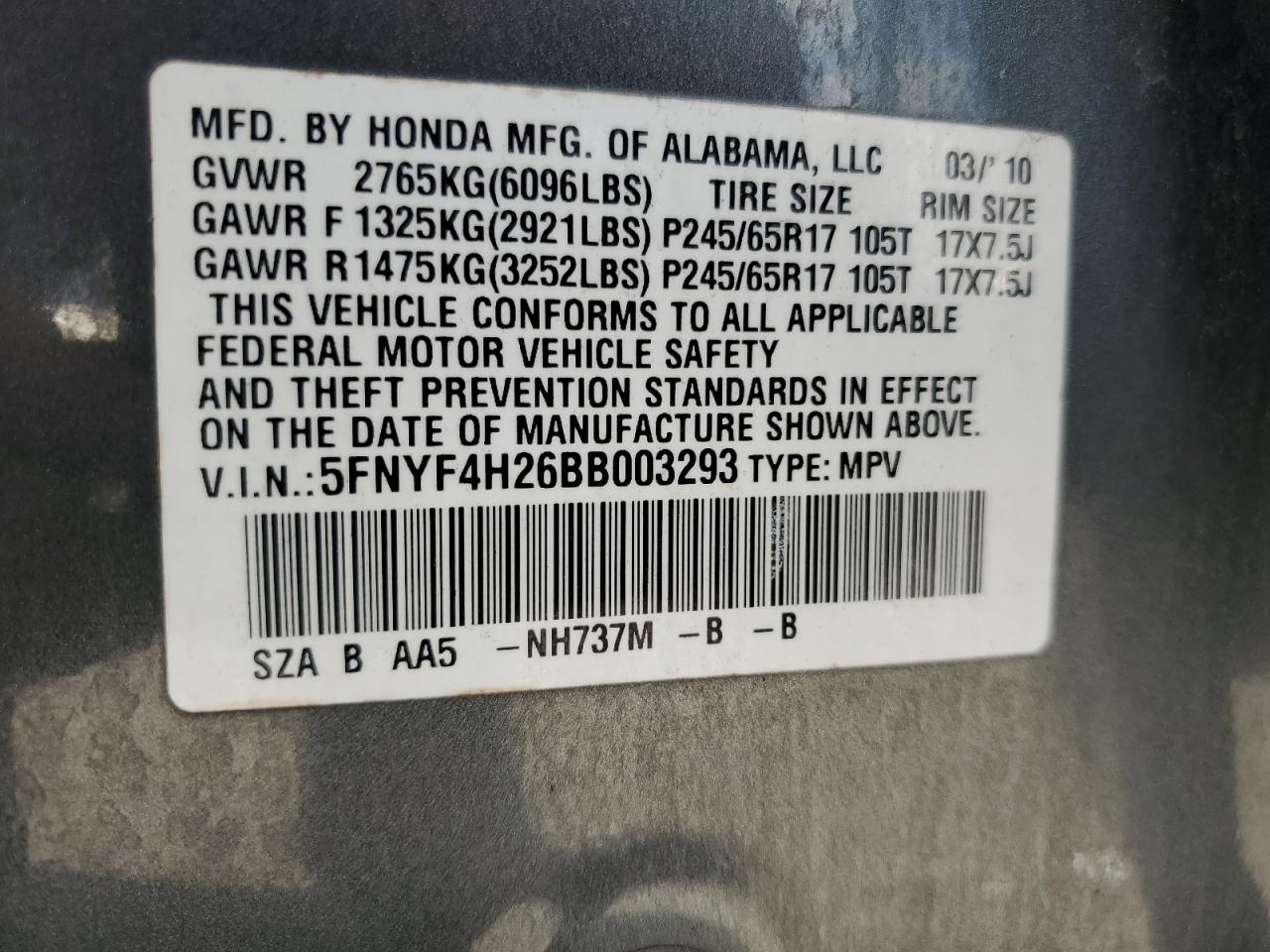 2011 Honda Pilot Lx VIN: 5FNYF4H26BB003293 Lot: 63688085