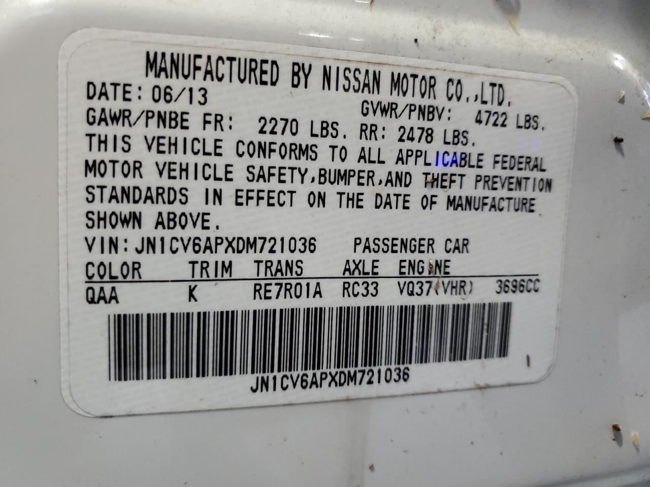 2013 Infiniti G37 Base VIN: JN1CV6APXDM721036 Lot: 63215365