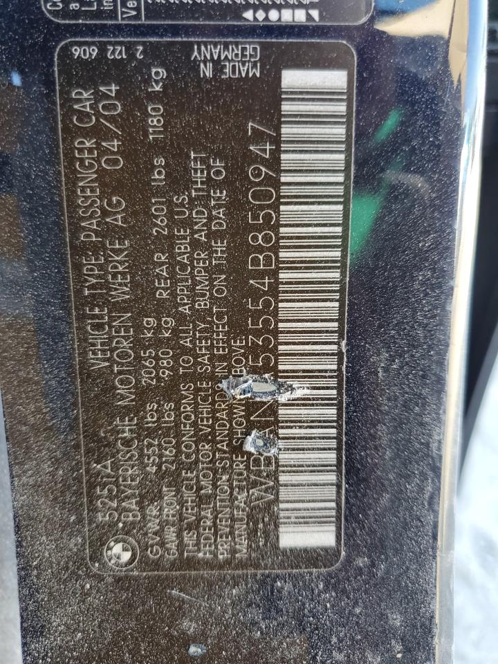 2004 BMW 525 I VIN: WBANA53554B850947 Lot: 66632375