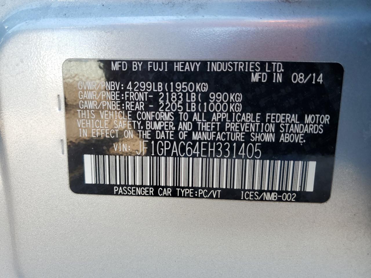 2014 Subaru Impreza Premium VIN: JF1GPAC64EH331405 Lot: 64818035