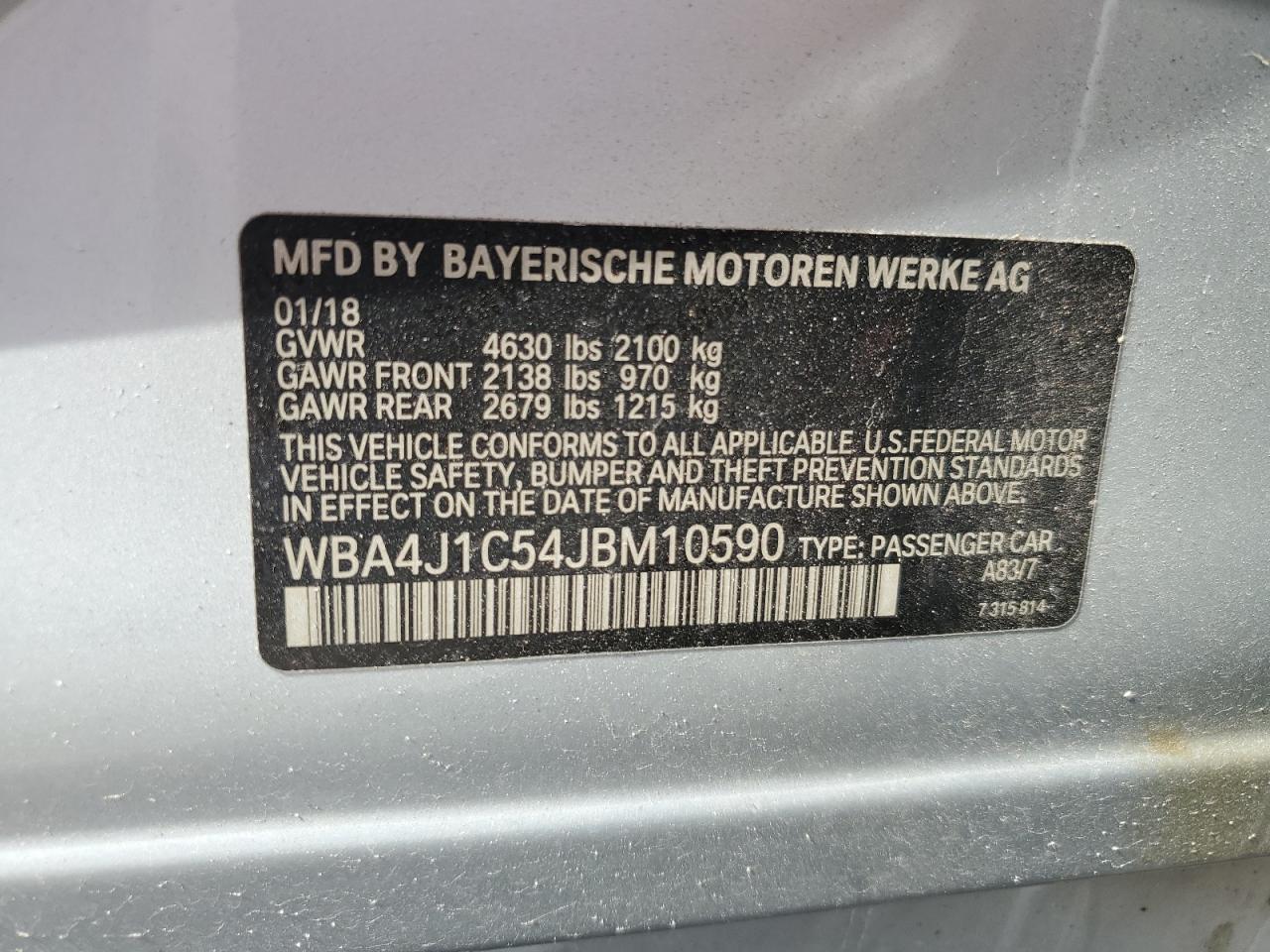 2018 BMW 430I Gran Coupe VIN: WBA4J1C54JBM10590 Lot: 64519645