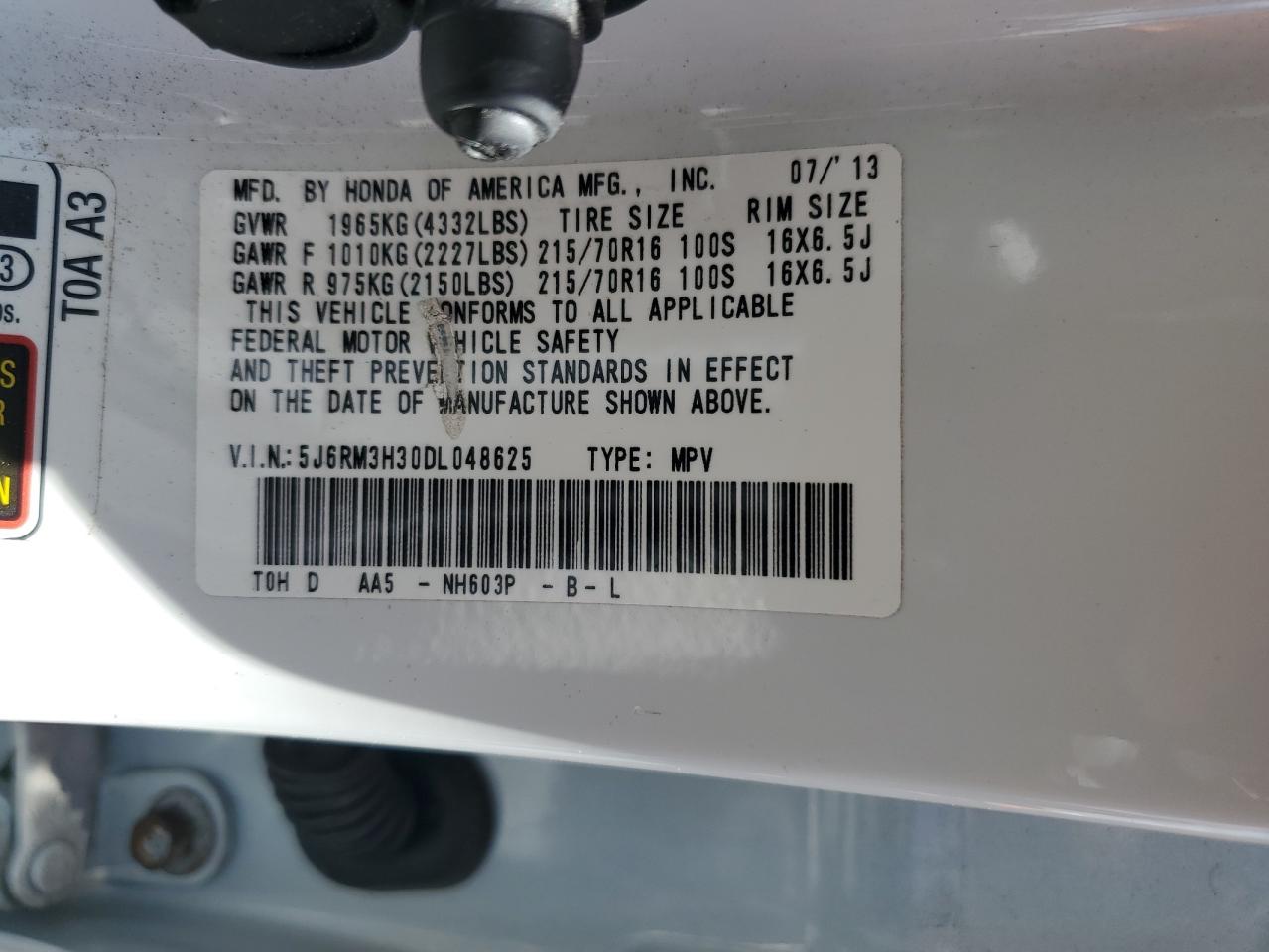 2013 Honda Cr-V Lx VIN: 5J6RM3H30DL048625 Lot: 66290175