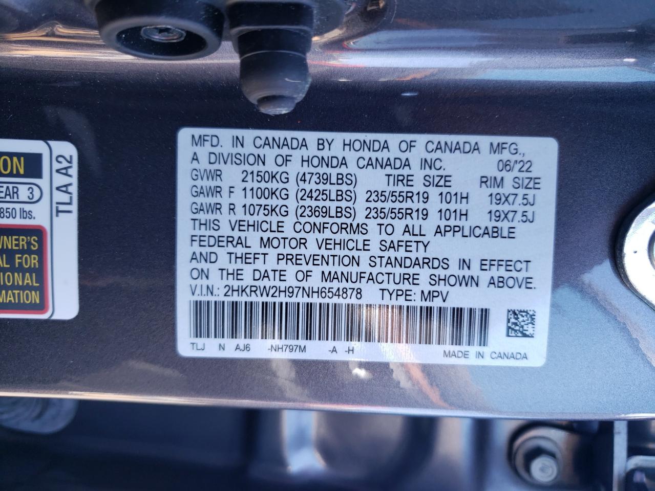 2022 Honda Cr-V Touring VIN: 2HKRW2H97NH654878 Lot: 64259815