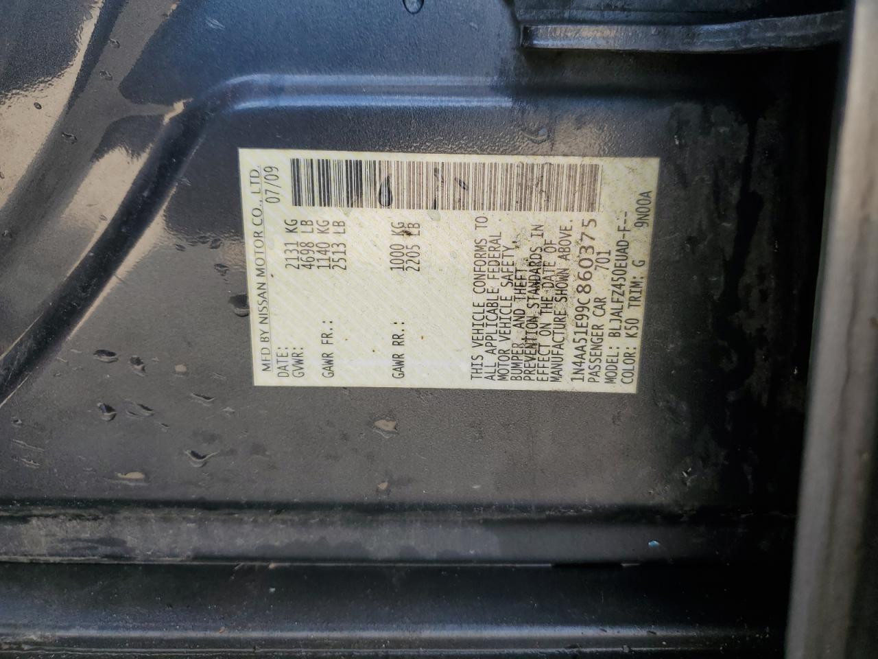 2009 Nissan Maxima S VIN: 1N4AA51E99C860375 Lot: 63786305