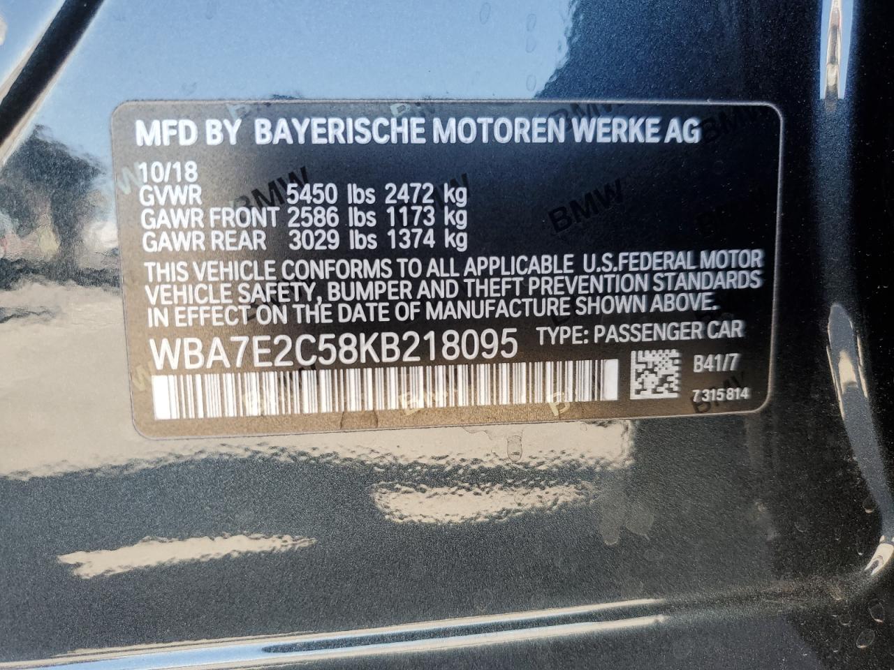2019 BMW 740 I VIN: WBA7E2C58KB218095 Lot: 64482195