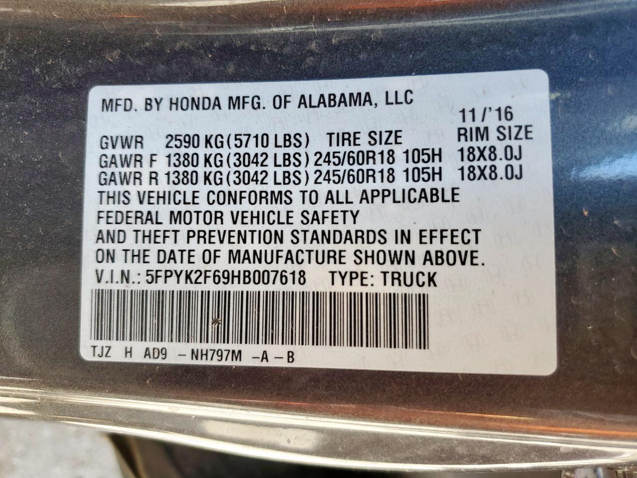 2017 Honda Ridgeline Rtl VIN: 5FPYK2F69HB007618 Lot: 63283535