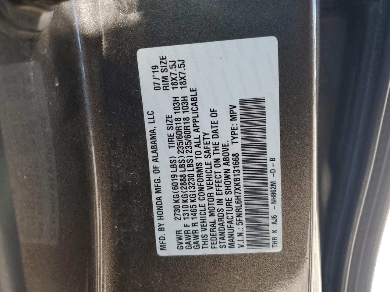 2019 Honda Odyssey Exl VIN: 5FNRL6H7XKB131668 Lot: 62883935