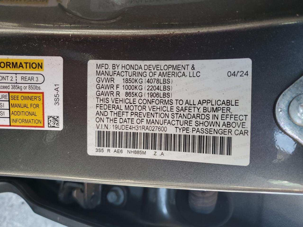 2024 Acura Integra A-Spec VIN: 19UDE4H31RA027600 Lot: 66939955