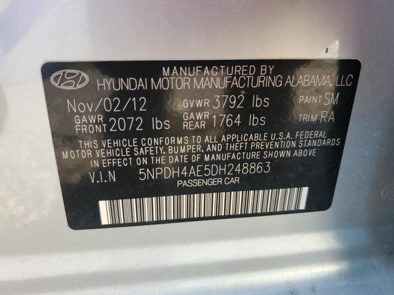 2013 Hyundai Elantra Gls VIN: 5NPDH4AE5DH248863 Lot: 63011345