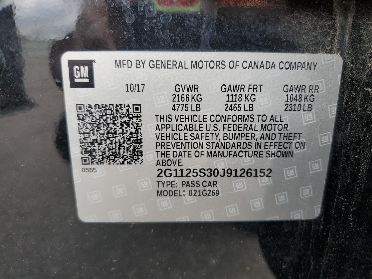 2018 Chevrolet Impala Premier VIN: 2G1125S30J9126152 Lot: 63008785
