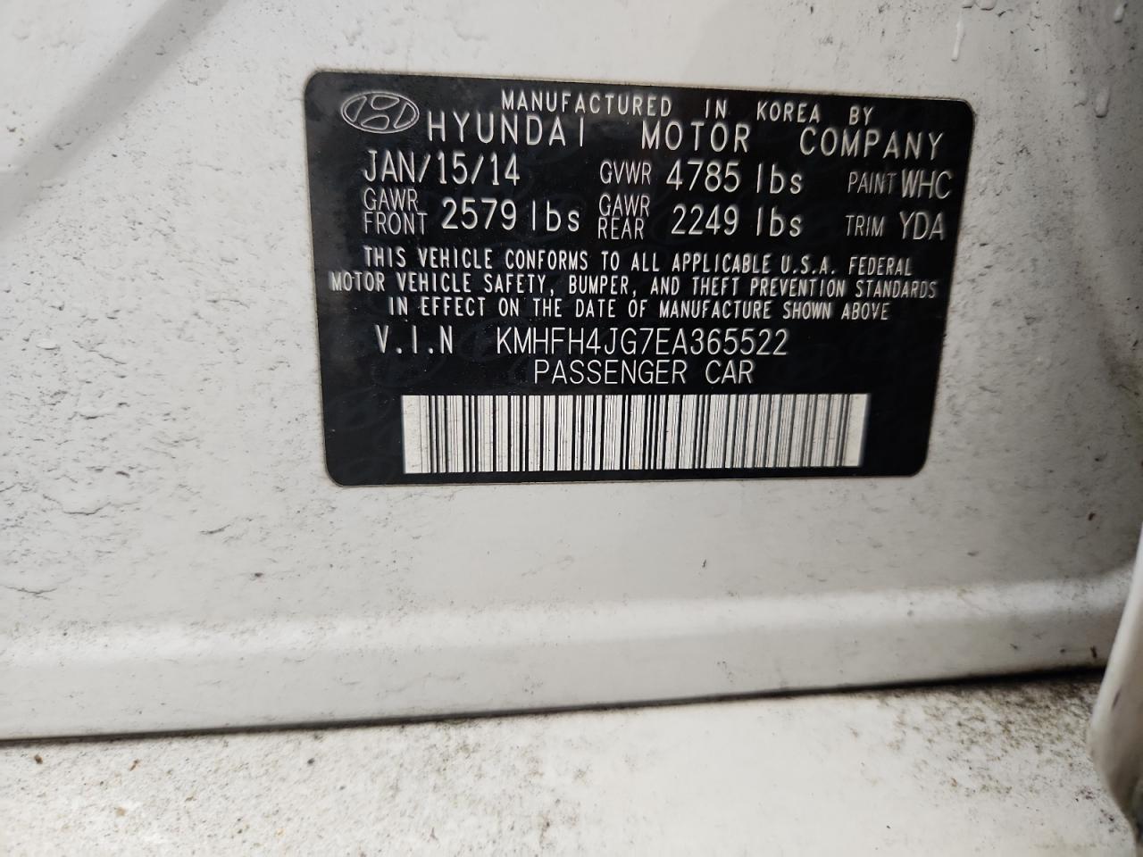 2014 Hyundai Azera Gls VIN: KMHFH4JG7EA365522 Lot: 62744675