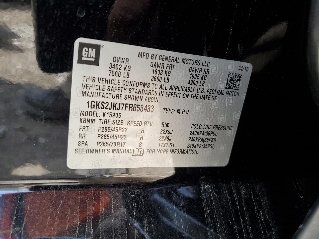 2015 GMC Yukon Xl Denali VIN: 1GKS2JKJ7FR653433 Lot: 64501705