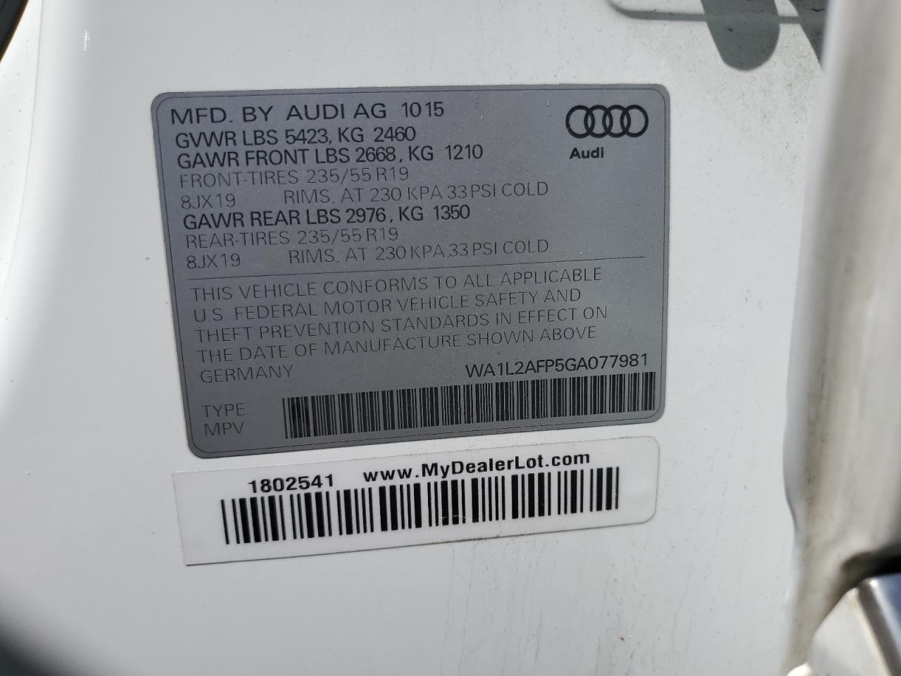 2016 Audi Q5 Premium Plus VIN: WA1L2AFP5GA077981 Lot: 64460185