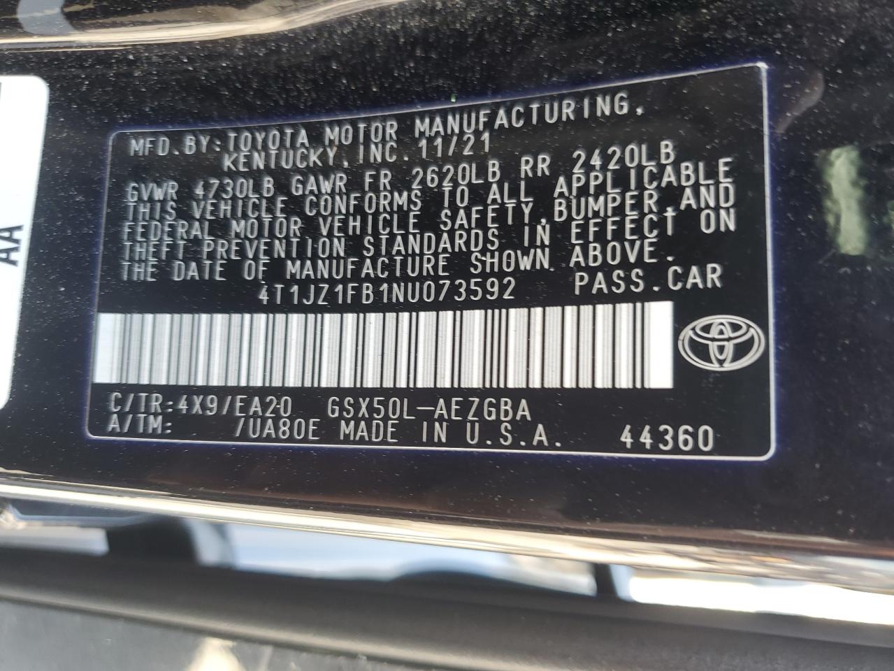 2022 Toyota Avalon Xle VIN: 4T1JZ1FB1NU073592 Lot: 66092455