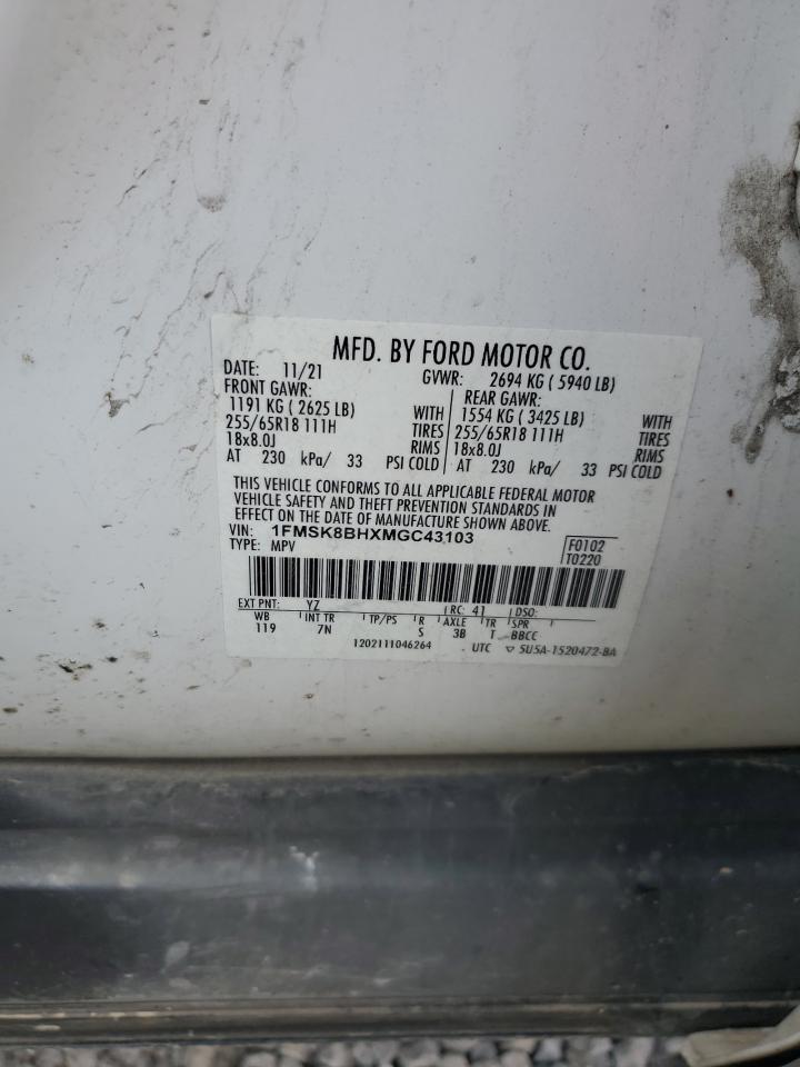 2021 Ford Explorer VIN: 1FMSK8BHXMGC43103 Lot: 64455825