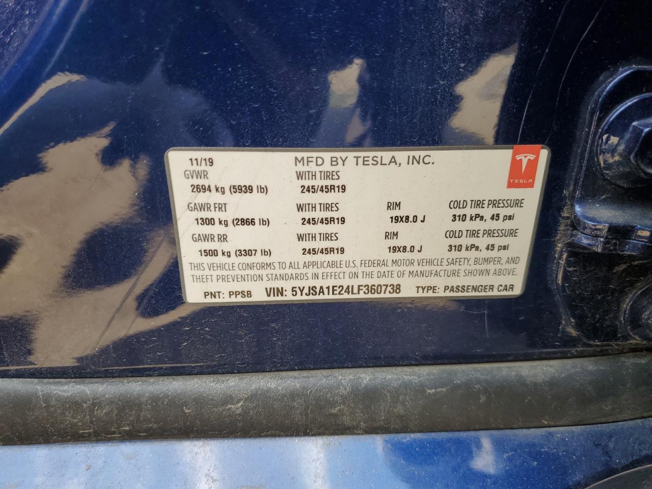 2020 Tesla Model S VIN: 5YJSA1E24LF360738 Lot: 64544905
