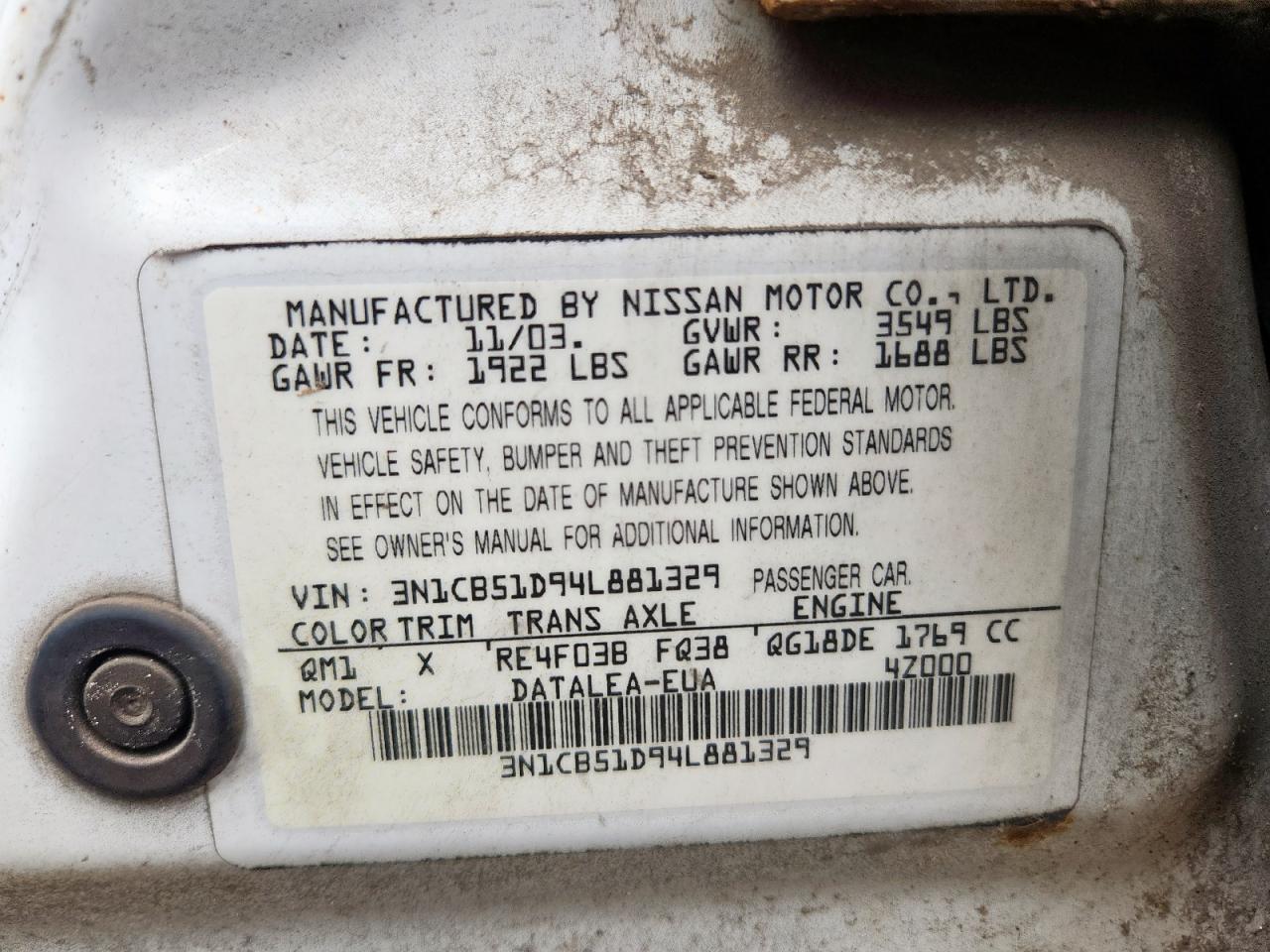 2004 Nissan Sentra 1.8 VIN: 3N1CB51D94L881329 Lot: 62741625