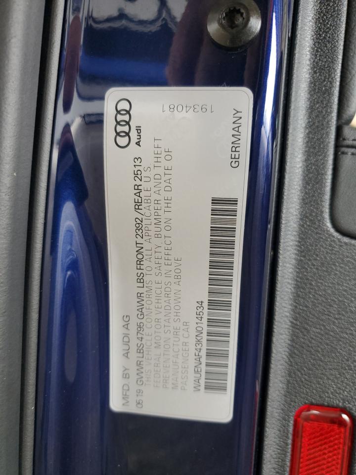 2019 Audi A4 Premium Plus VIN: WAUENAF43KN014534 Lot: 64690935