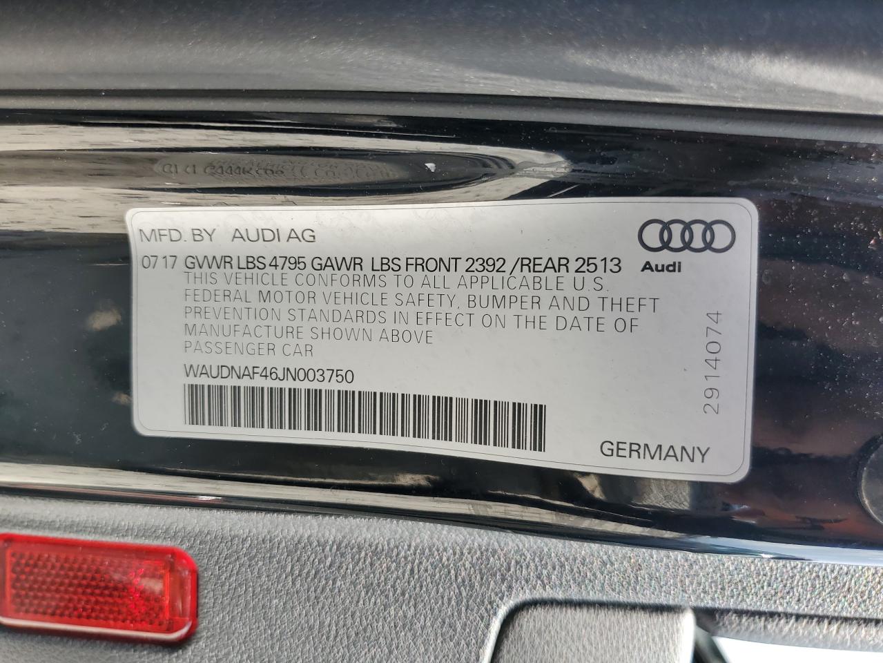 2018 Audi A4 Premium VIN: WAUDNAF46JN003750 Lot: 64418975