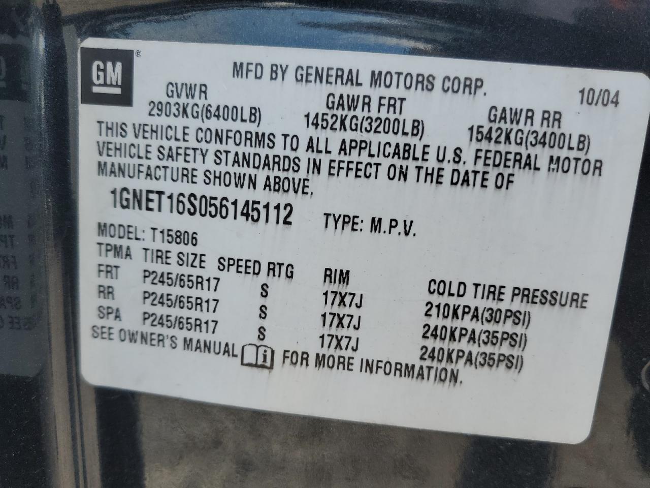 2005 Chevrolet Trailblazer Ext Ls VIN: 1GNET16S056145112 Lot: 63267735