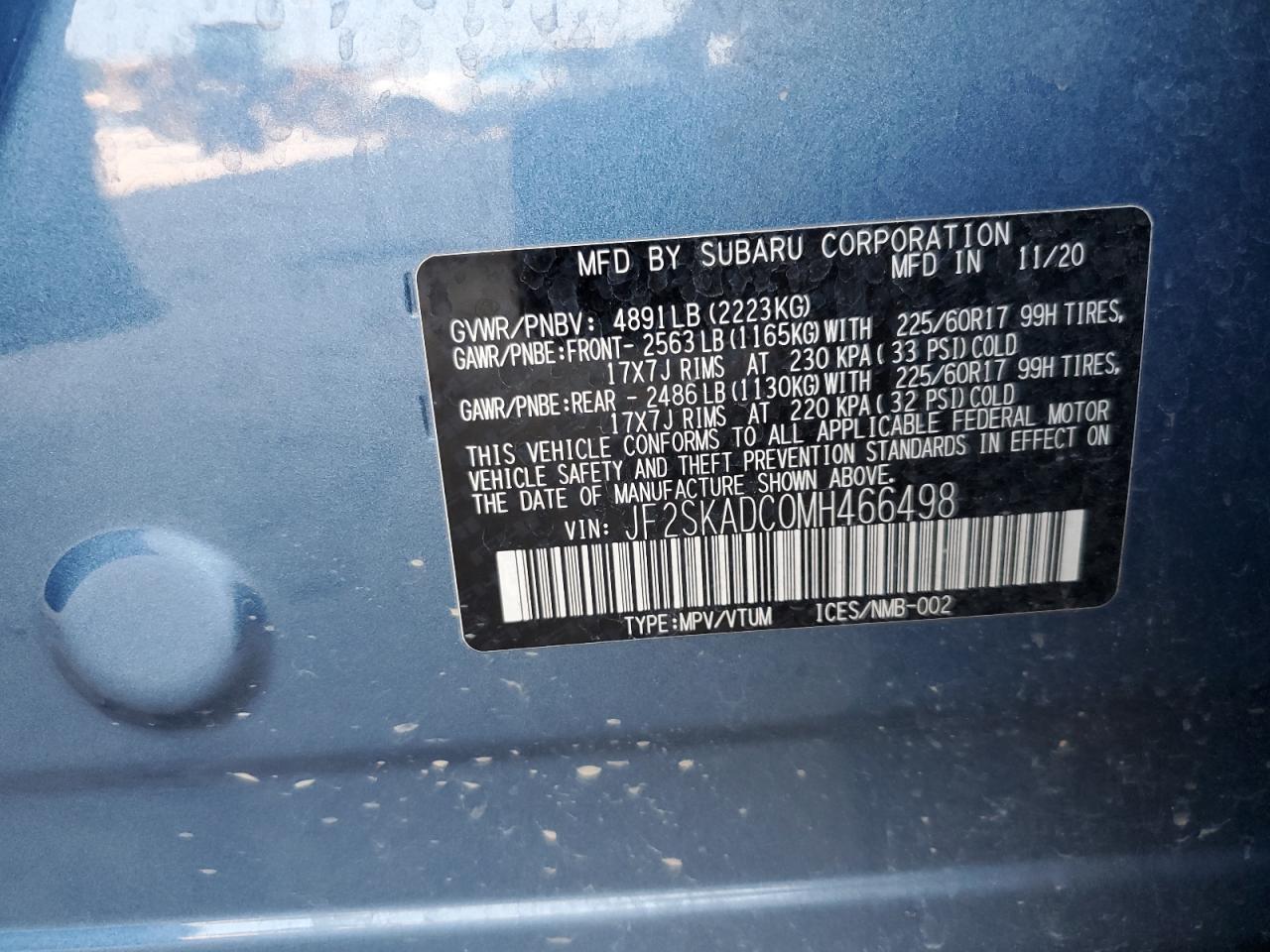 2021 Subaru Forester VIN: JF2SKADC0MH466498 Lot: 64080755
