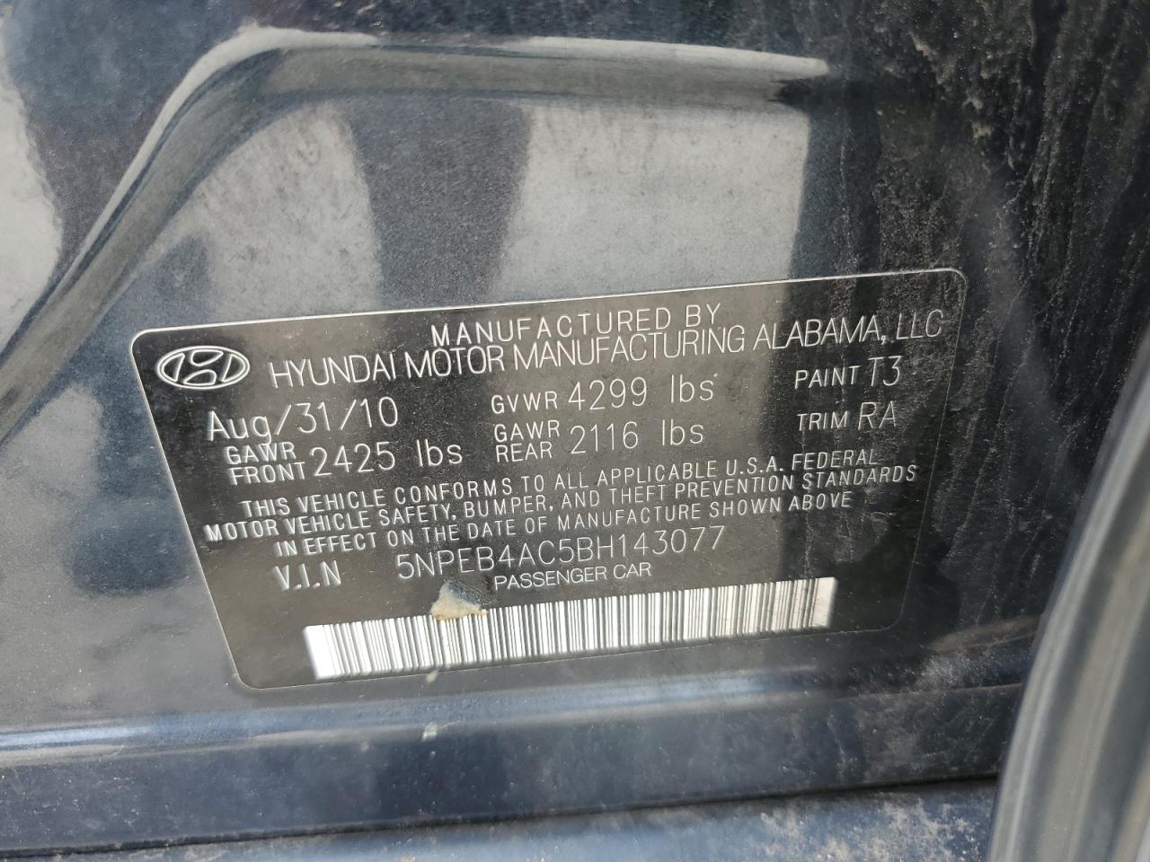 2011 Hyundai Sonata Gls VIN: 5NPEB4AC5BH143077 Lot: 64777305