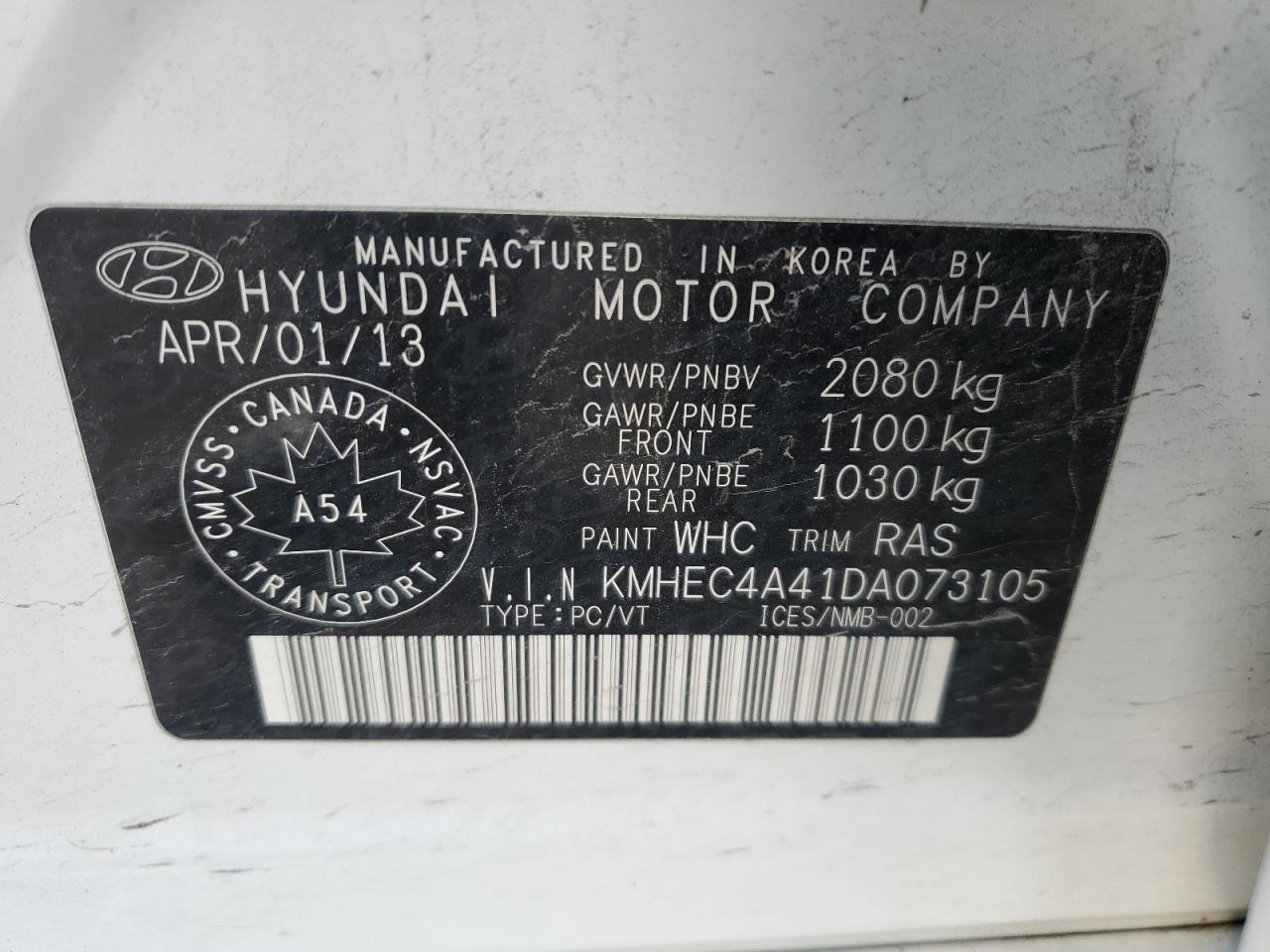 2013 Hyundai Sonata Hybrid VIN: KMHEC4A41DA073105 Lot: 65085155
