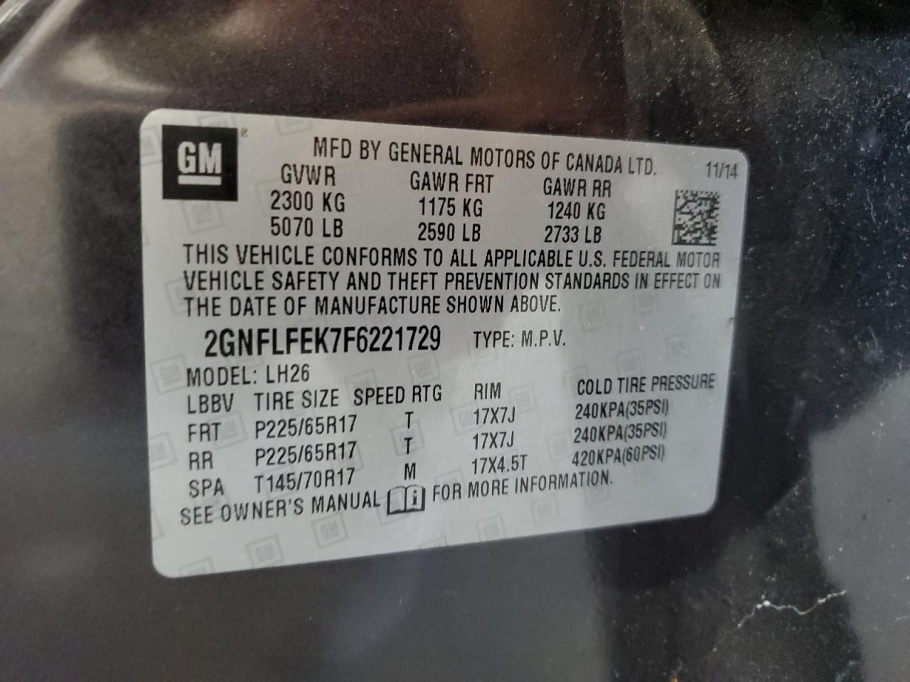 2015 Chevrolet Equinox Lt VIN: 2GNFLFEK7F6221729 Lot: 53292595