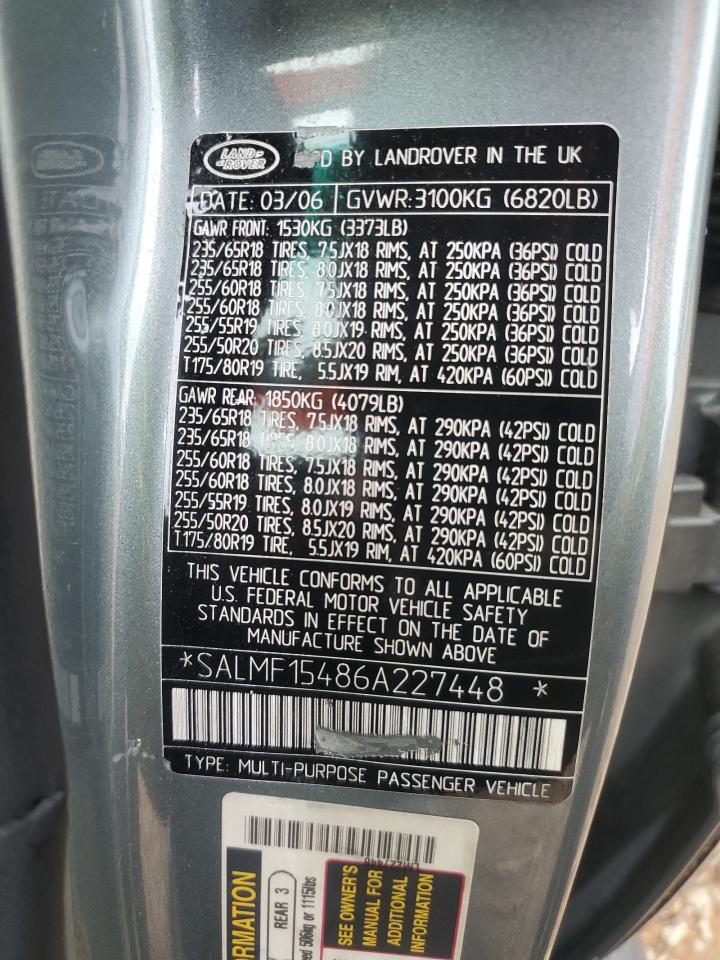 2006 Land Rover Range Rover Hse VIN: SALMF15486A227448 Lot: 65616915