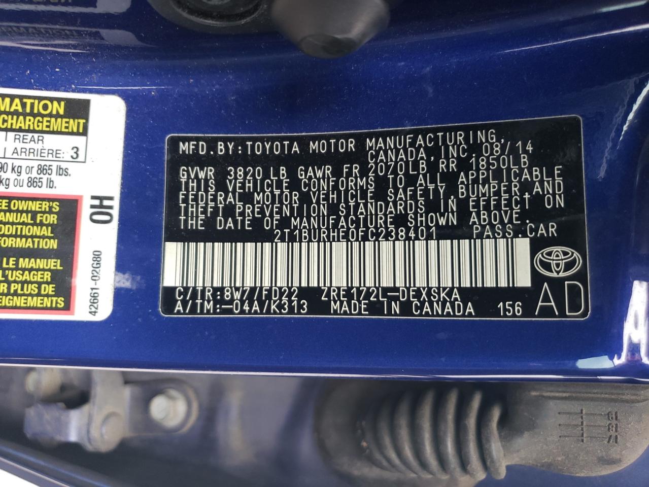 2015 Toyota Corolla L VIN: 2T1BURHE0FC238401 Lot: 65410075