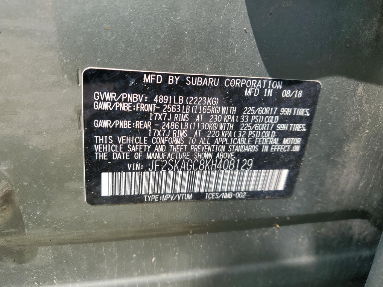 2019 Subaru Forester Premium VIN: JF2SKAGC8KH408129 Lot: 64737585