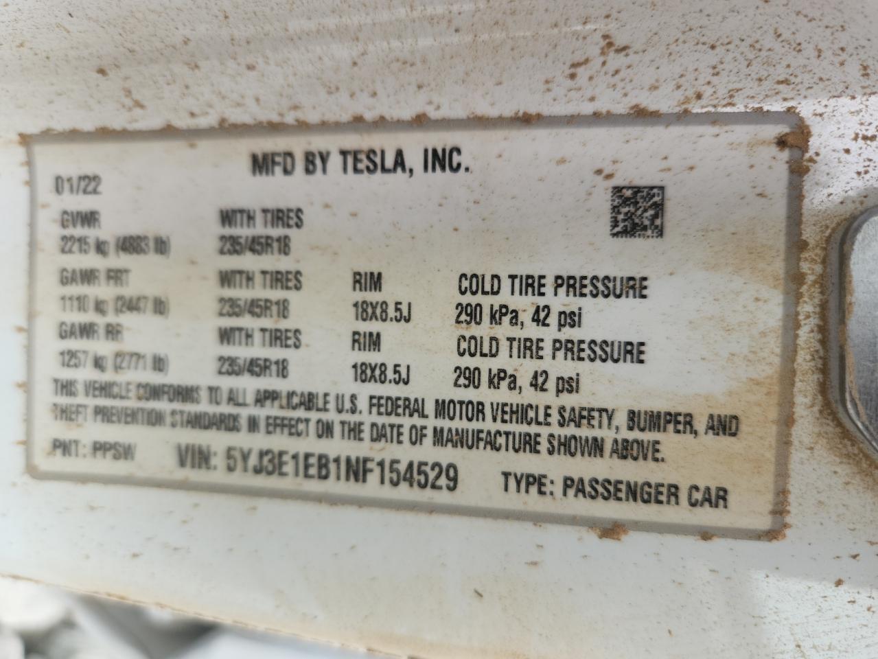 2022 Tesla Model 3 VIN: 5YJ3E1EB1NF154529 Lot: 64107255