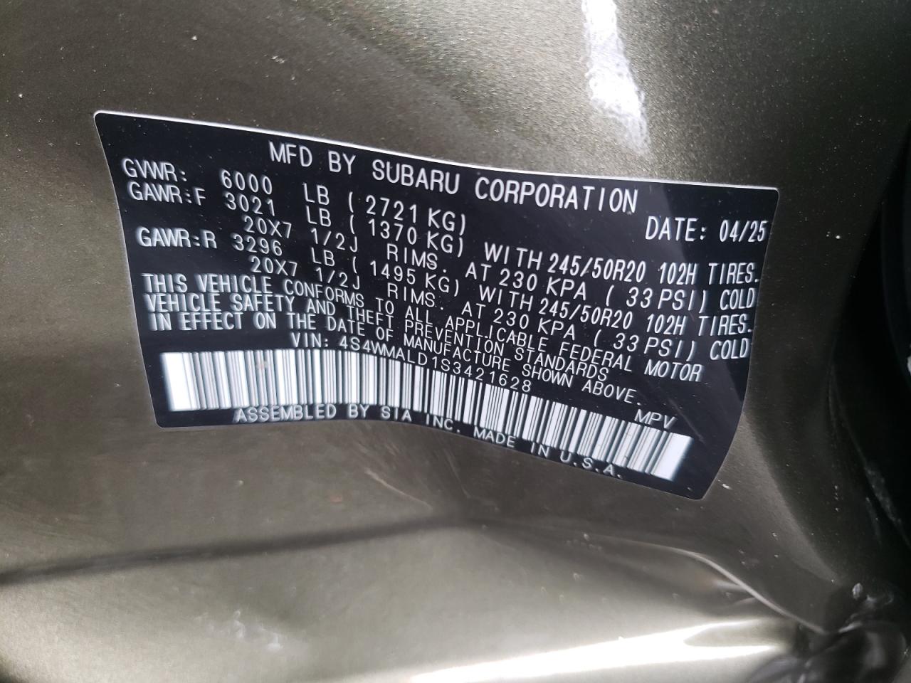2025 Subaru Ascent Limited VIN: 4S4WMALD1S3421628 Lot: 64146935