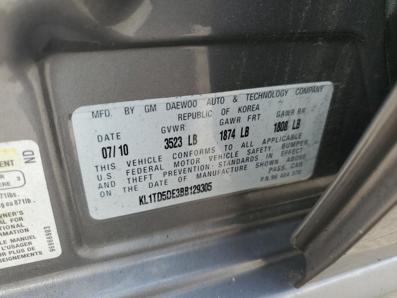 2011 Chevrolet Aveo Ls VIN: KL1TD5DE3BB129305 Lot: 64632505