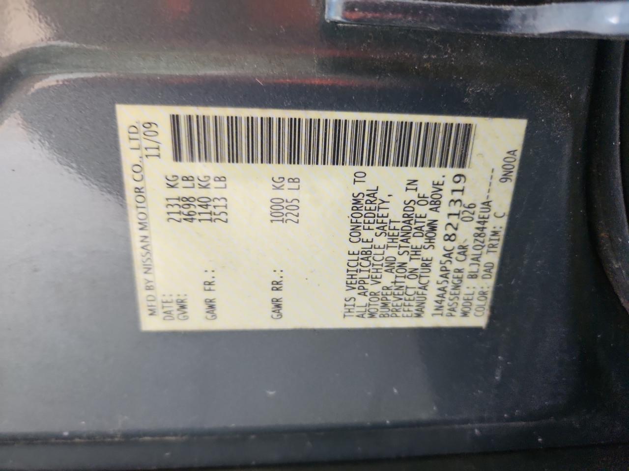 2010 Nissan Maxima S VIN: 1N4AA5AP5AC821319 Lot: 63643115