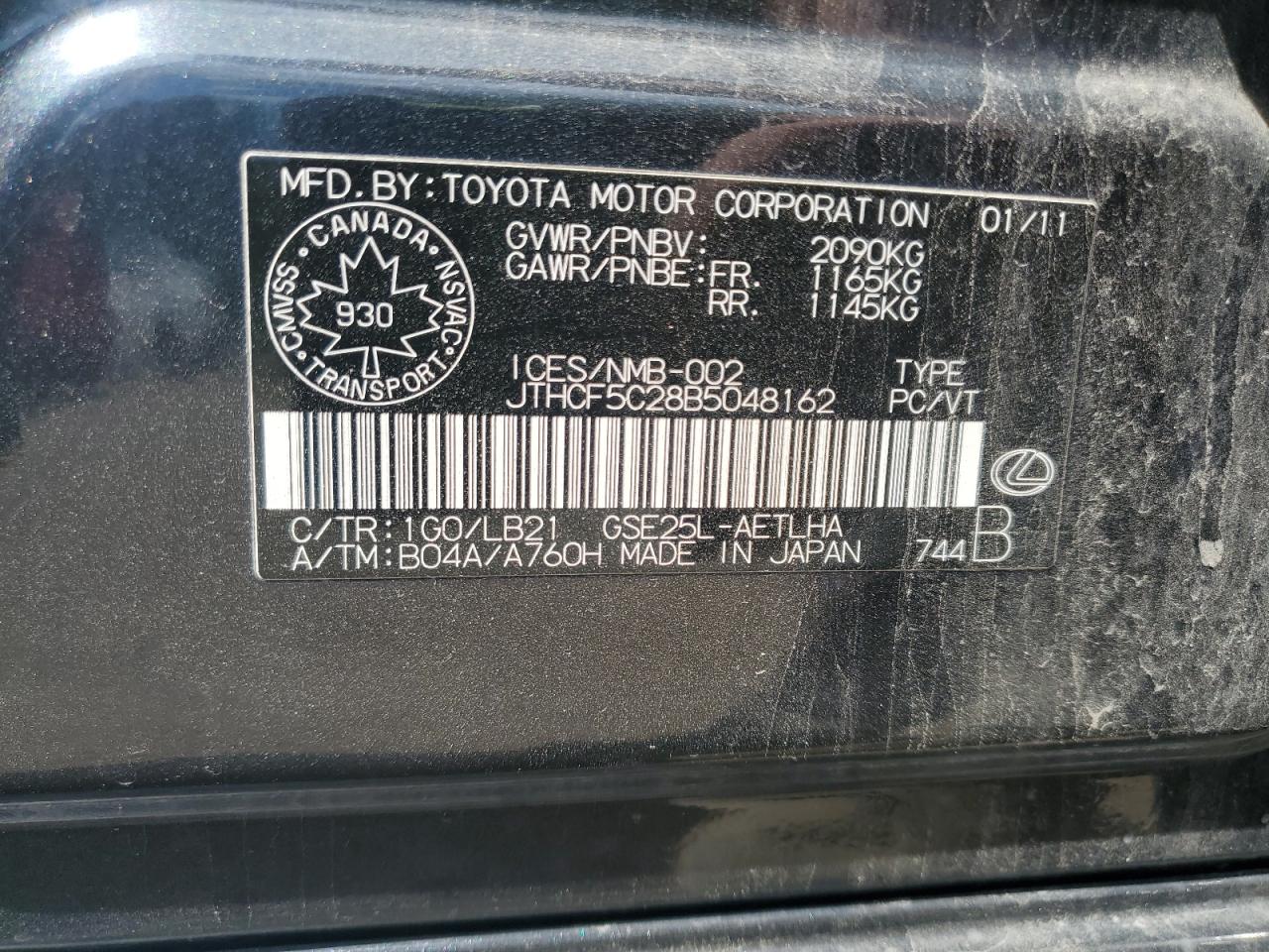 2011 Lexus Is 250 VIN: JTHCF5C28B5048162 Lot: 63765675