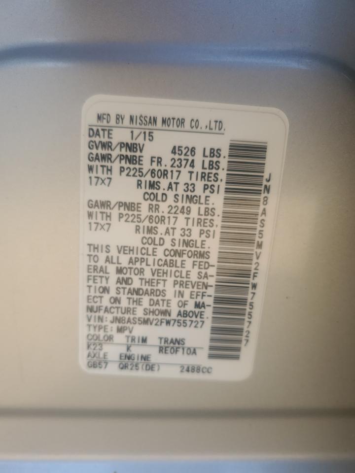 2015 Nissan Rogue Select S VIN: JN8AS5MV2FW755727 Lot: 65020125