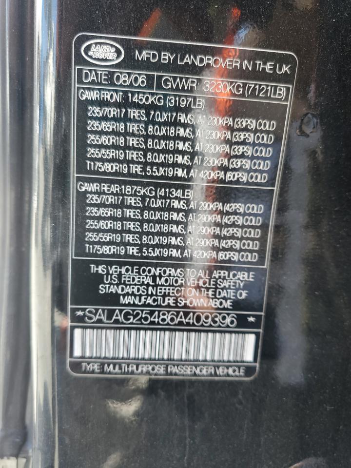 2006 Land Rover Lr3 Hse VIN: SALAG25486A409396 Lot: 64522195