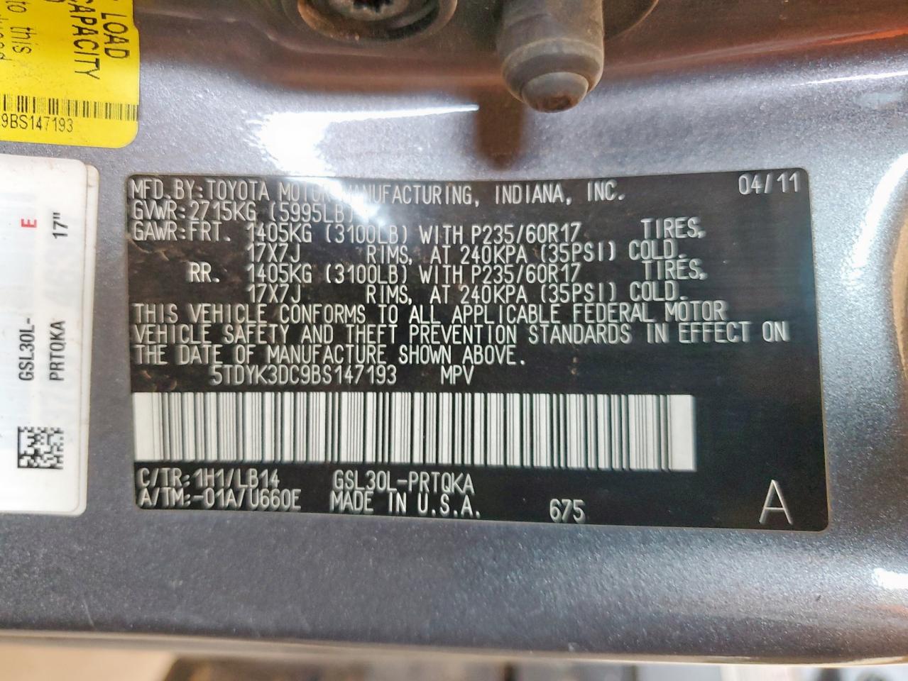 2011 Toyota Sienna Xle VIN: 5TDYK3DC9BS147193 Lot: 66310535