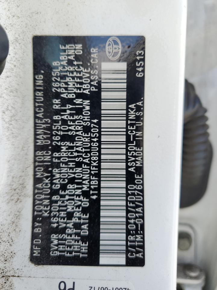 2013 Toyota Camry L VIN: 4T1BF1FK8DU645074 Lot: 64832955