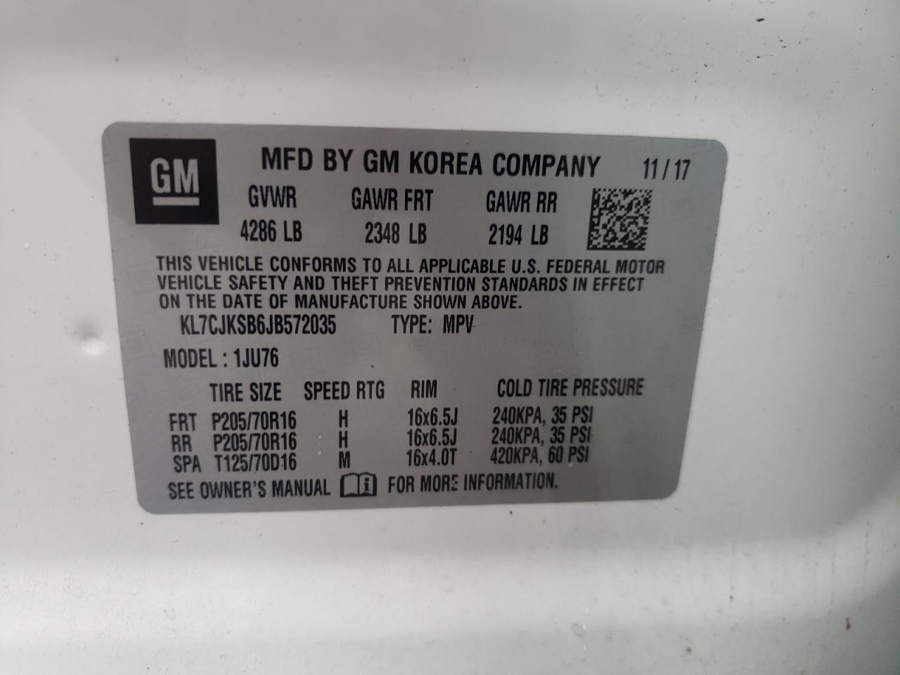 2018 Chevrolet Trax Ls VIN: KL7CJKSB6JB572035 Lot: 64362905