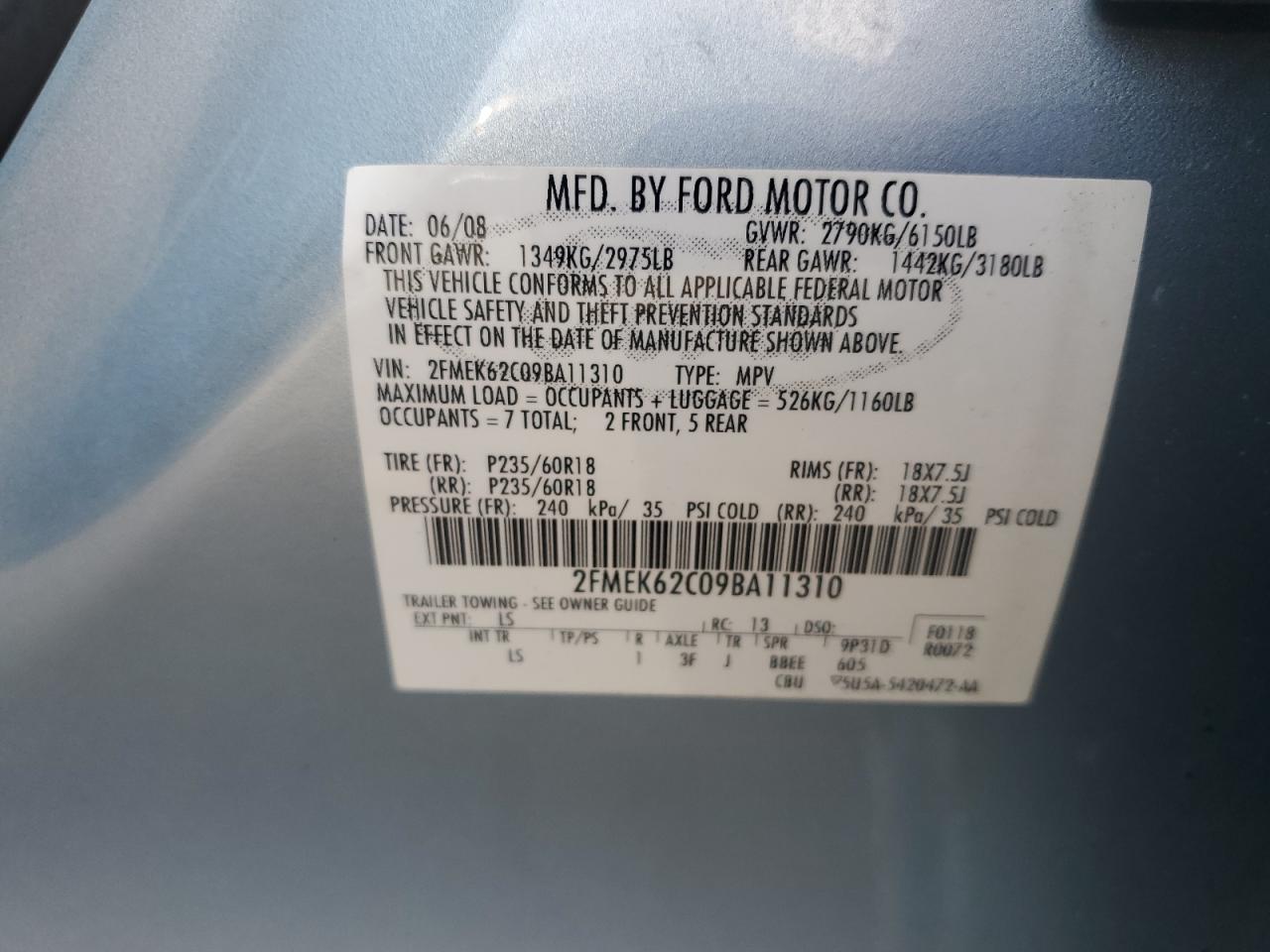 2009 Ford Flex Sel VIN: 2FMEK62C09BA11310 Lot: 65370115